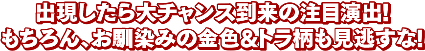 出現したら大チャンス到来の注目演出！もちろん、お馴染みの金色＆トラ柄も見逃すな！