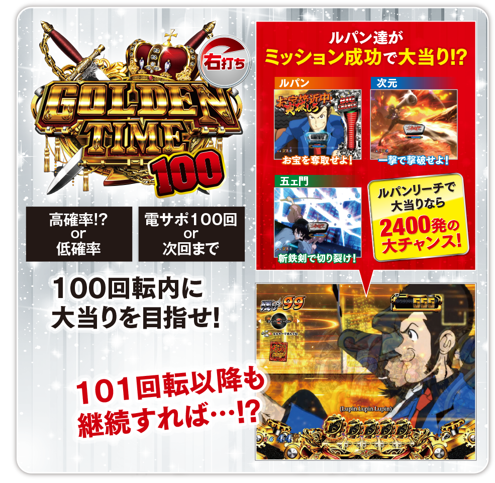 右打ち GOLDEN TIME 100 高確率!? or 低確率 電サポ100回 or 次回まで 101回転以降も継続すれば…!? ルパン達がミッション成功で大当り!? ルパン お宝を奪取せよ！ 次元 一撃で撃被せよ！ 五ェ門 斬鉄剣で切り裂け！ ルパンリーチで大当りなら2400発の大チャンス！