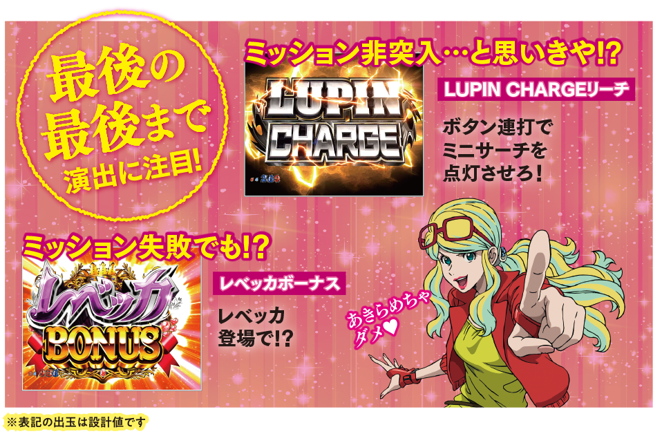 最後の最後まで演出に注目！ ミッション非突入…と思いきや!? LUPIN CHARGEリーチ ボタン連打でミニサーチを点灯させろ！ミッション失敗でも!? レベッカ BONUS レベッカボーナス レベッカ登場で!? あきらめちゃダメ